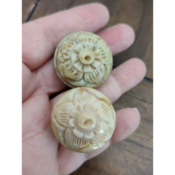 Lot Of 4 Round Trinket Jewelry Box Marble Stone Carved Brazil 1" 1.5" Vintage - Picture 6 of 6